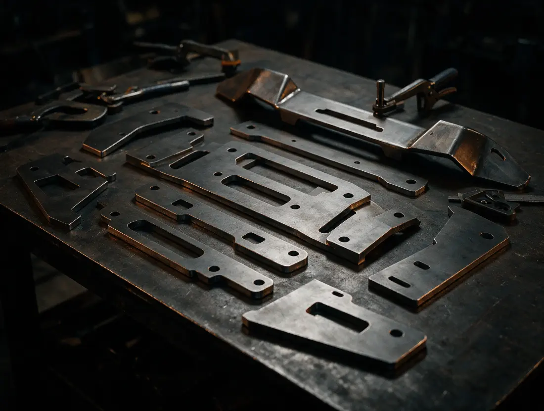 Precision-cut steel plate components for a custom off-road bumper on a fabrication table