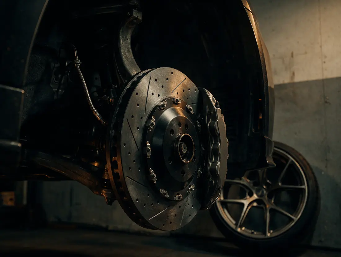 Big brake kit with drilled rotor and multi-piston caliper fitted to a vehicle