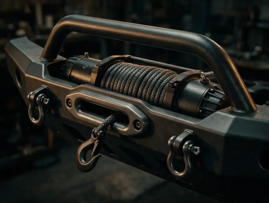 Recovery winch mounted inside a steel off-road bumper with synthetic rope